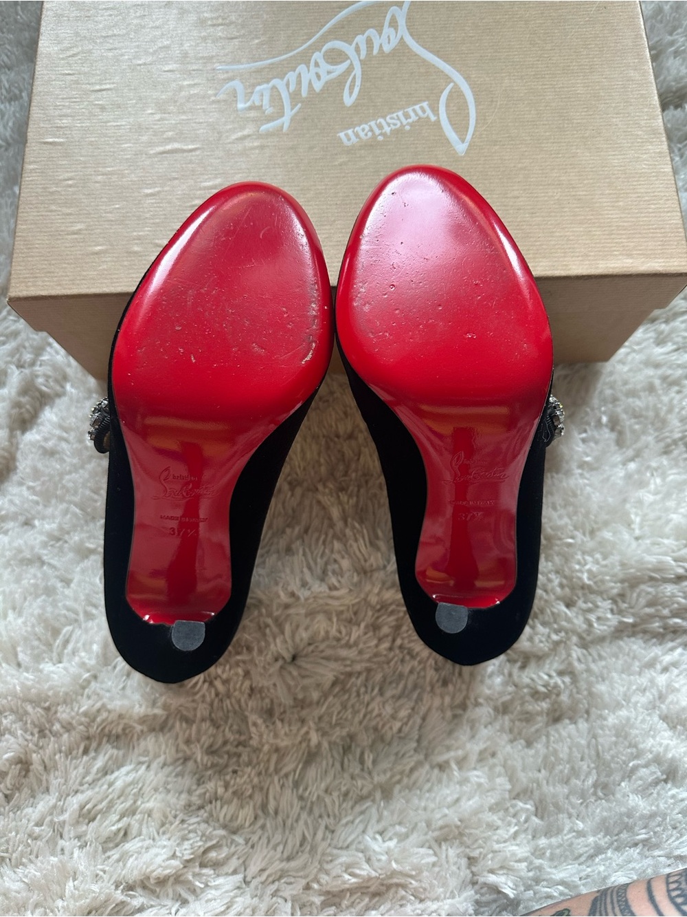 Christian Louboutin Black Velvet Mary Jane Pumps with Crystal Flower - Picture 4 of 11